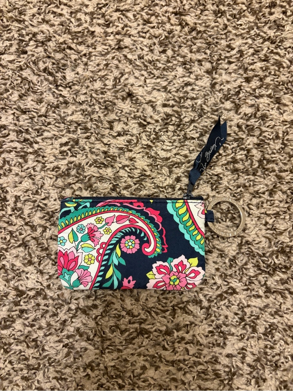 Retired Vera Bradley Navy Ribbon zip ID case with Floral Trim